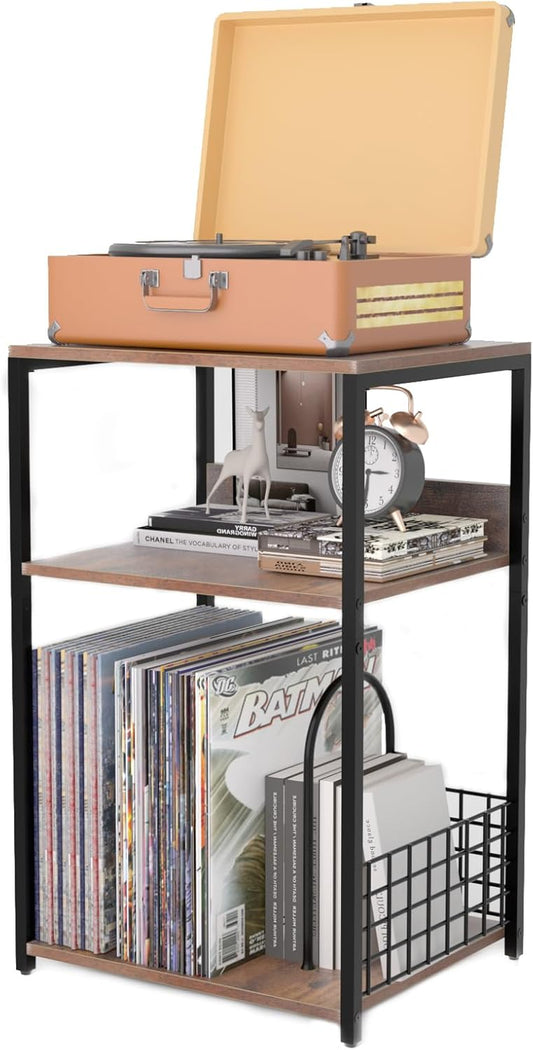 3-Tier Record Player Stand, Metal End Table Storage up to 100 Albums, Record Player Tables with Vinyl Storage Shelf, Brown Vinyl Record Storage for Living Room, Bedroom