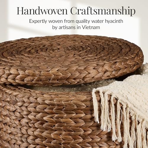 Best Choice Products 17" Round Storage Ottoman W/Lid, Handwoven Water Hyacinth Footstool, Footrest w/Wooden Legs, Accent Side Table, Storage Container, Plant Stand - Chestnut