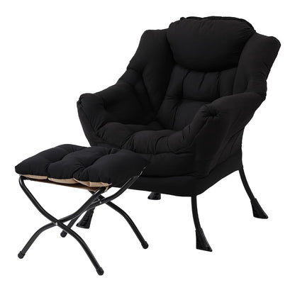 Lazy Chair with Ottoman, Modern Accent Leisure Upholstered Sofa Chair, Contemporary Lounge Reading Chairs with Armrests and a Side Pocket for Living Room, Bedroom & Small Space, Black