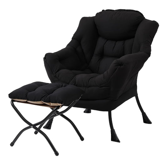 Lazy Chair with Ottoman, Modern Accent Leisure Upholstered Sofa Chair, Contemporary Lounge Reading Chairs with Armrests and a Side Pocket for Living Room, Bedroom & Small Space, Black