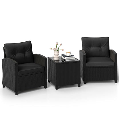 3 Pieces Patio Furniture Set, Wicker Conversation Set Outdoor Chairs with Cushions, Glass Coffee Table, Rattan Bistro Set for Front Porch Balcony Garden Deck Poolside (Black)