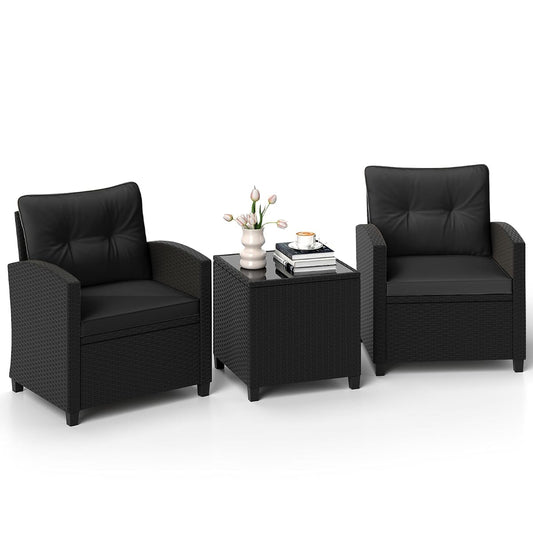 3 Pieces Patio Furniture Set, Wicker Conversation Set Outdoor Chairs with Cushions, Glass Coffee Table, Rattan Bistro Set for Front Porch Balcony Garden Deck Poolside (Black)