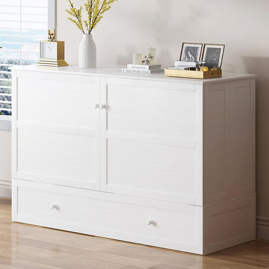 Murphy Bed Cabinet, Queen Murphy Chest Bed with Built-in Charging Station, Tri-fold Mattress and 2 Storage Drawers, Wooden Cabinet Beds Easily Convertible Cube Chest Bed for Guest Room, White