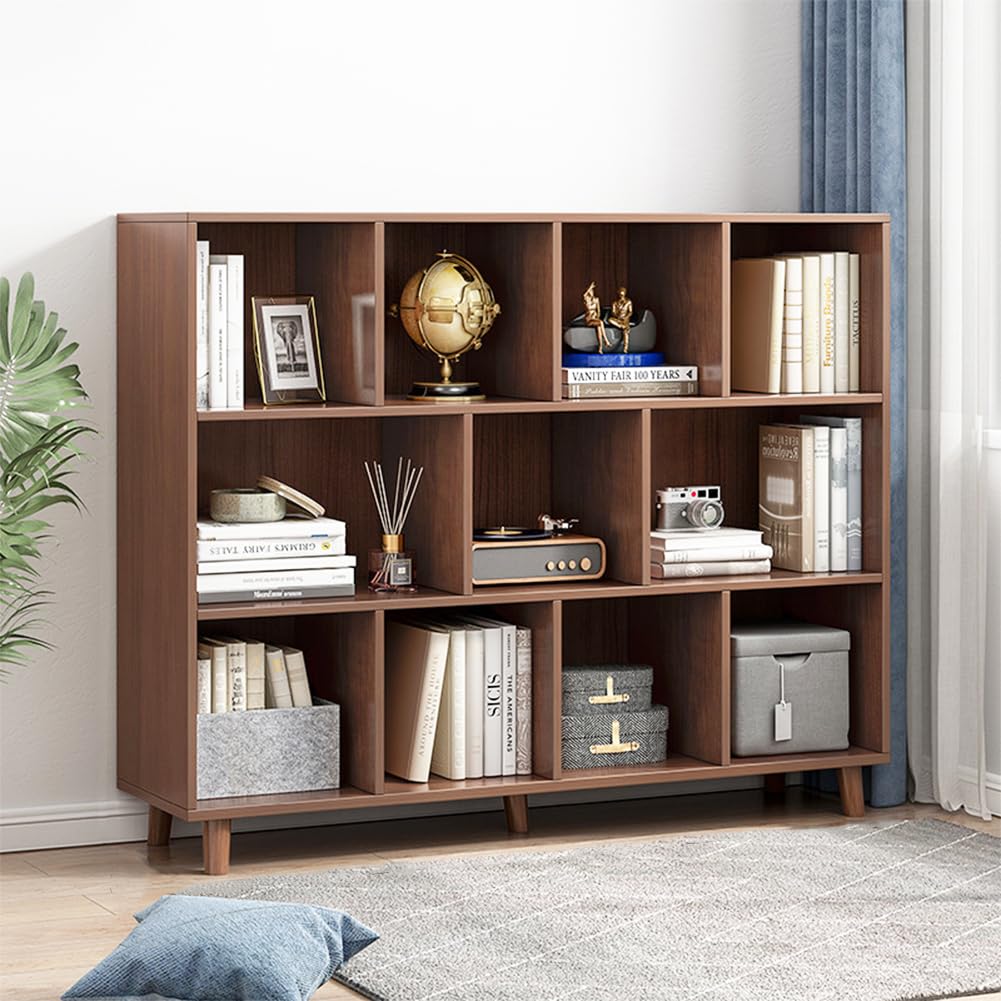 IOTXY Open Cubes Low Bookcase - 3-Tier 11-Cube Short Bookshelf in Walnut | Nordic Minimalist Style, MDF Material, Solid Wood Legs, Deep Storage Cubes, Free Standing Wooden Cabinet Organizer Unit