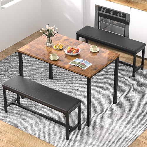 3-Piece 63" Extendable Kitchen Table with Benches/Chairs, Modern Breakfast Dinette/Dining Room Set for 4/6/2, Small Space Saving Design, Easy Assembly