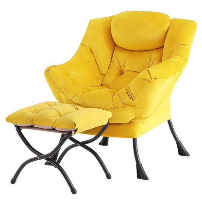 Lazy Chair with Ottoman, Yellow Modern Large Accent Armchair, Comfy Leisure Sofa Reading Chair with Footrest for Bedroom, Living Room, Dorm Rooms, Garden, Velvet Yellow