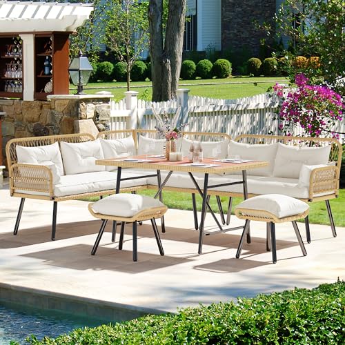 Patio Wicker L-Shaped Furniture Set, All-Weather Rattan Outdoor Conversation Sofa Set for Backyard Deck with Soft Cushions,Ottomans and Plastic Wood Dining Table (Light Brown+Beige)