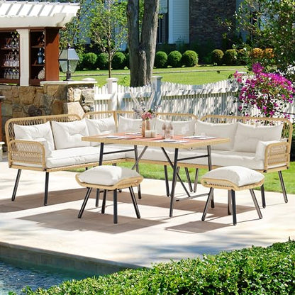 Patio Wicker L-Shaped Furniture Set, All-Weather Rattan Outdoor Conversation Sofa Set for Backyard Deck with Soft Cushions,Ottomans and Plastic Wood Dining Table (Light Brown+Beige)