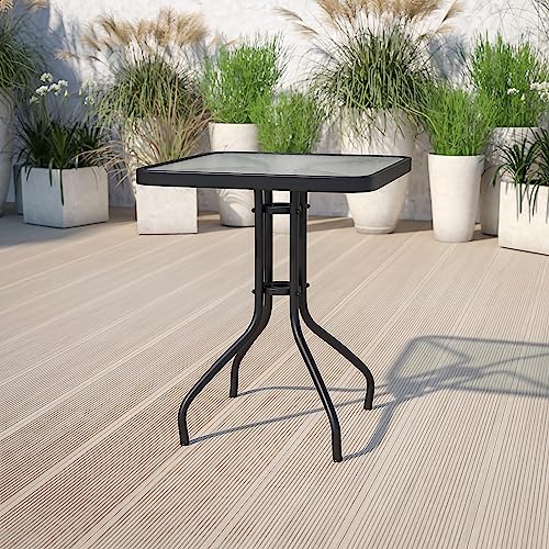 Barker 23.5" Square Indoor/Outdoor Tempered Glass Patio Side Table, Outdoor Patio Table for Commercial or Residential Use, Clear/Black