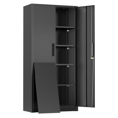 Metal Cabinet, 72" Black Locking Metal Storage Cabinet with 2 Doors and 4 Adjustable Shelves, Lockable Garage Storage Cabinets for Home Office, Garage, Kitchen, Living Room