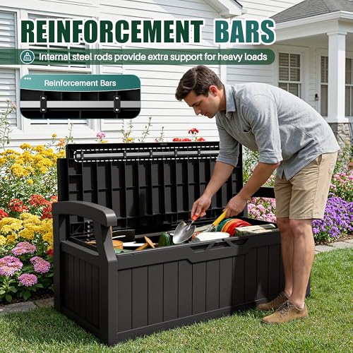 80 Gallon Storage Bench Deck Box Lockable for Patio Furniture, Garden Decor and Outdoor Seating for Cushions, Garden Tools and Pool Supplies (Black)