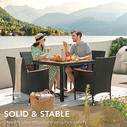 5 PCS Furniture, Patio Conversation Set with Acacia Wood Top, Rattan Outdoor Dining Table and Chairs for Backyard, Garden, Deck, Black