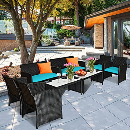4 Pieces Patio Wicker Conversation Furniture Set, Patiojoy Sofa & Table Set w/4 Seats, Outdoor Rattan Sofa Set for Balcony Backyard, Wicker Chair Set with Tempered Glass Coffee Table