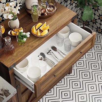 Coffee Bar Cabinet Farmhouse Kitchen Sideboard Buffet Cabinet with Drawer and Adjustable Shelf Barn Door Storage for Kitchen, Dining Room, Bathroom, Entryway (Brown)