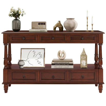 54'' Solid Wood Console Table, Farmhouse Entryway Table with 6 Drawers and Shelf, Narrow Long Sofa Table with Storage for Living Room Hallway, Couch, Foyer (Cherry)