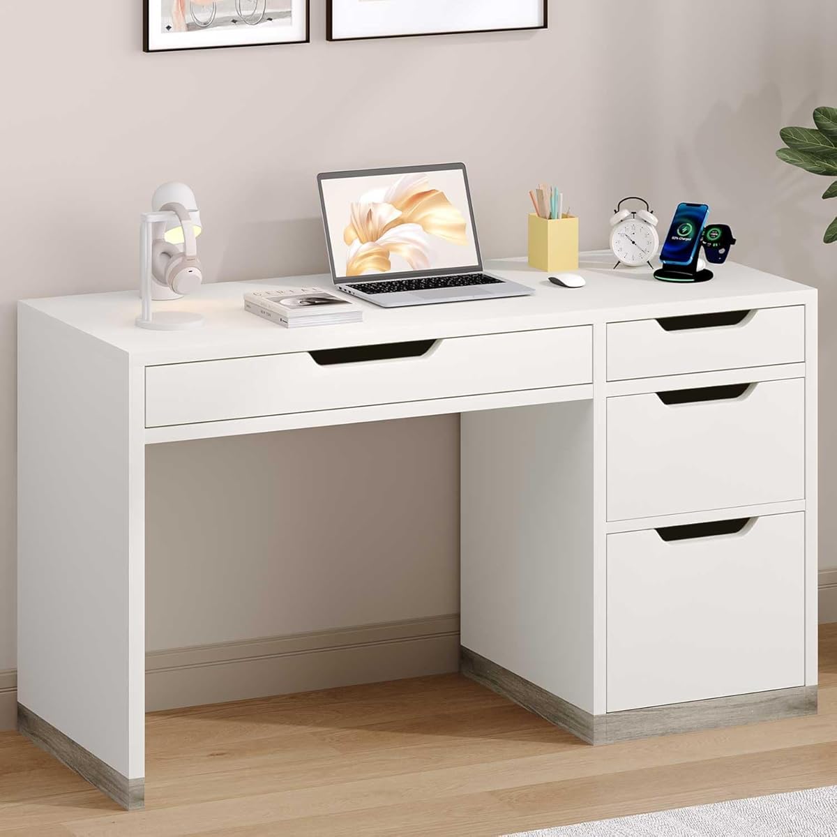 White Desk with 4 Drawers, 52 Inch Modern Computer Desk with Storage for Bedroom, Home Office Writing Desk for Small Spaces, Minimalist White Writing Desk