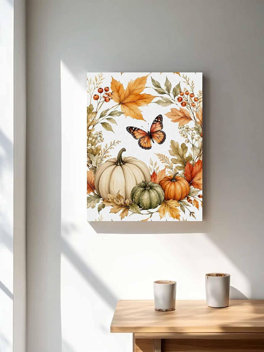 NuYeBiofx Fall Thanksgiving Pumpkin Berry Canvas Wall Art Prints,30"x20" Framed Picture Artwork Autumn Maple Leaves Butterfly Printed Canvas Oil Painting for Living Room Bedroom Office,Ready to Hang