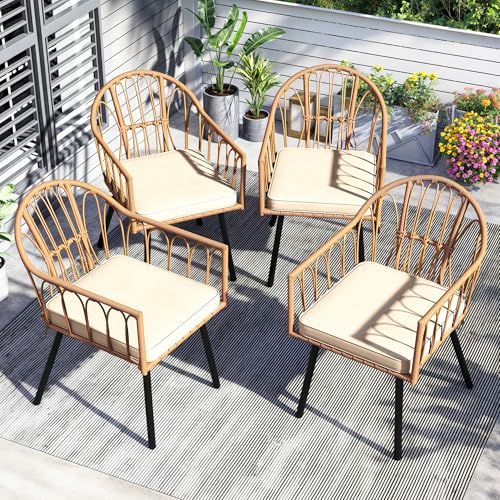 4 Pieces Rattan Wicker Dinning Chairs, Outdoor Indoor Patio Furniture Set with Cushion and Curved Back All Weather Bistro Chair for Garden Backyard Porch Poolside Restaurant