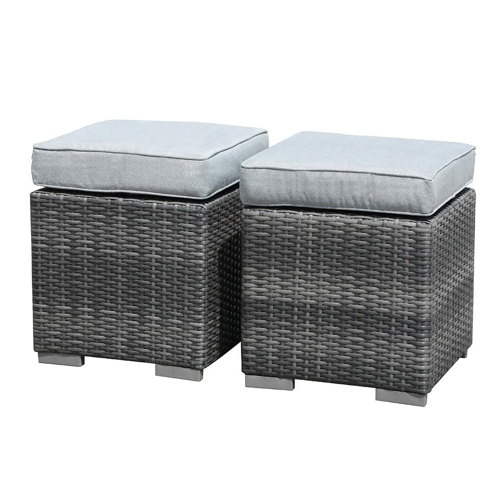 2 Pieces Assembled Outdoor Patio Ottoman, Indoor Outdoor All-Weather Grey Wicker Rattan Outdoor Footstool Footrest Seat with Light Grey Cushions, No Assembly Required
