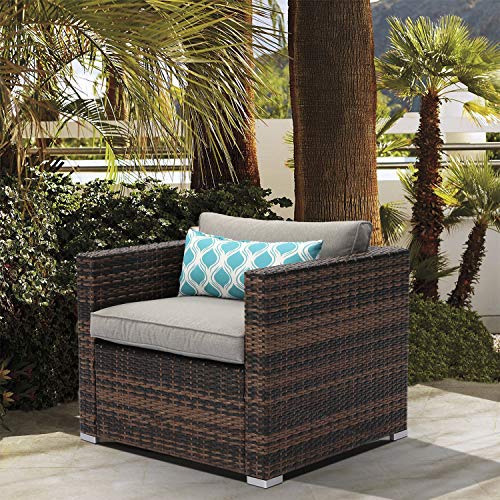 Outdoor Single Chairs All Weather Handwoven Mottlewood Brown Rattan w Warm Grey Cushion w Pillow for Garden, Poolside, Backyard