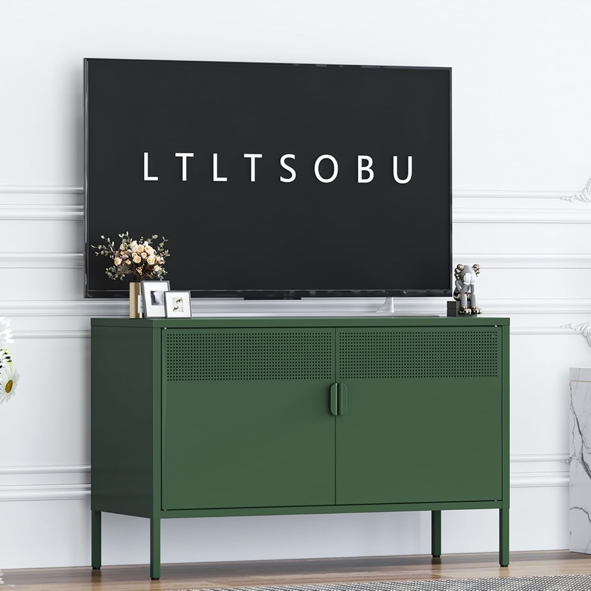 Metal Storage Locker Cabinet with 2 Doors & Adjustable Shelves, 25" Green Accent Furniture, Multipurpose Office Dresser or TV Stand for Home Entryway (Green, 25H)