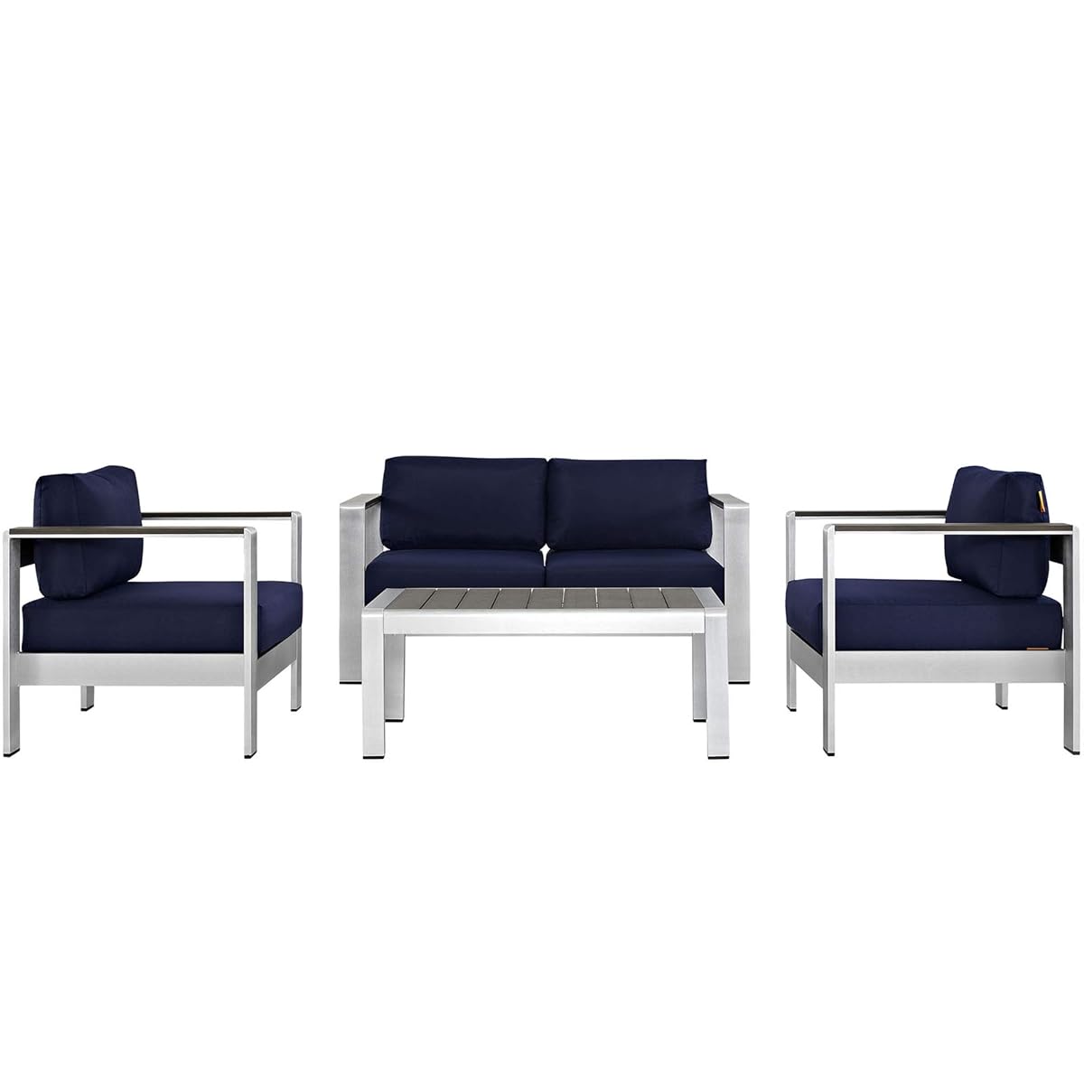 Shore Outdoor Patio Collection | Durable Aluminum Sectional Sofa Set - Silver Navy | Enhance outdoor relaxation with this elegant furniture set. Includes Coffee Table, Loveseat, and Armchairs.