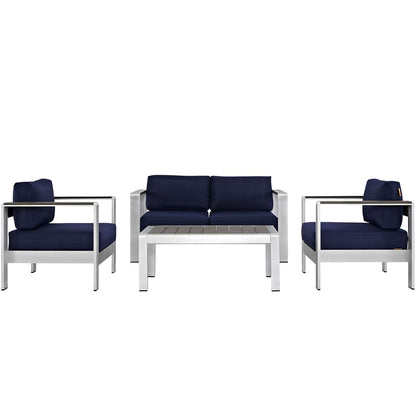 Shore Outdoor Patio Collection | Durable Aluminum Sectional Sofa Set - Silver Navy | Enhance outdoor relaxation with this elegant furniture set. Includes Coffee Table, Loveseat, and Armchairs.