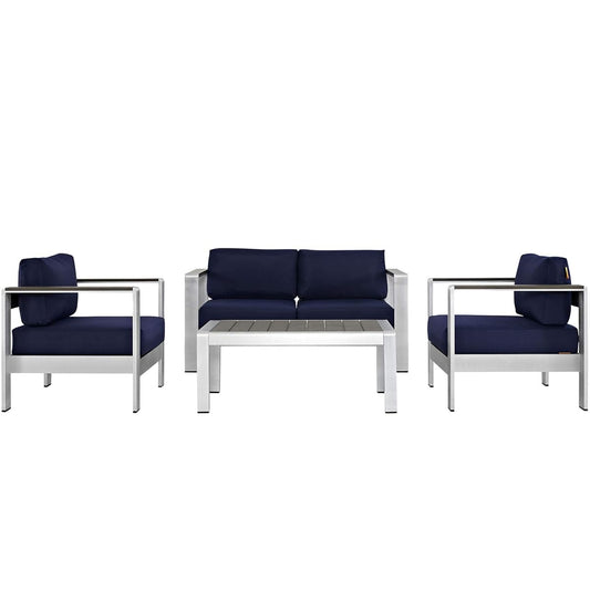 Shore Outdoor Patio Collection | Durable Aluminum Sectional Sofa Set - Silver Navy | Enhance outdoor relaxation with this elegant furniture set. Includes Coffee Table, Loveseat, and Armchairs.