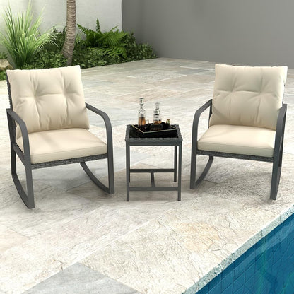 3 Pieces Patio Furniture Set, Rocking Chairs Wicker Outdoor Bistro Set Armchair Patio Furniture Conversation Sets with Tempered Glass Top Coffee Table & Cushions, Off White