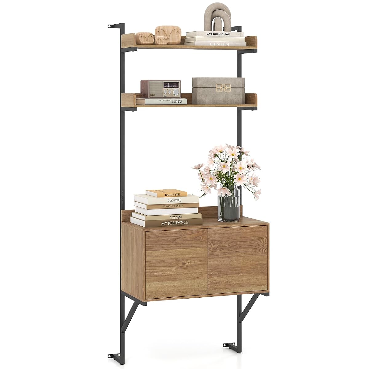 71.5" Tall Bookshelf with Storage Cabinet, Narrow Wall Mounted Ladder Bookcase with Metal Frame, Versatile Display Rack Shelf for Living Room, Home Office, Natural Oak