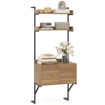 71.5" Tall Bookshelf with Storage Cabinet, Narrow Wall Mounted Ladder Bookcase with Metal Frame, Versatile Display Rack Shelf for Living Room, Home Office, Natural Oak