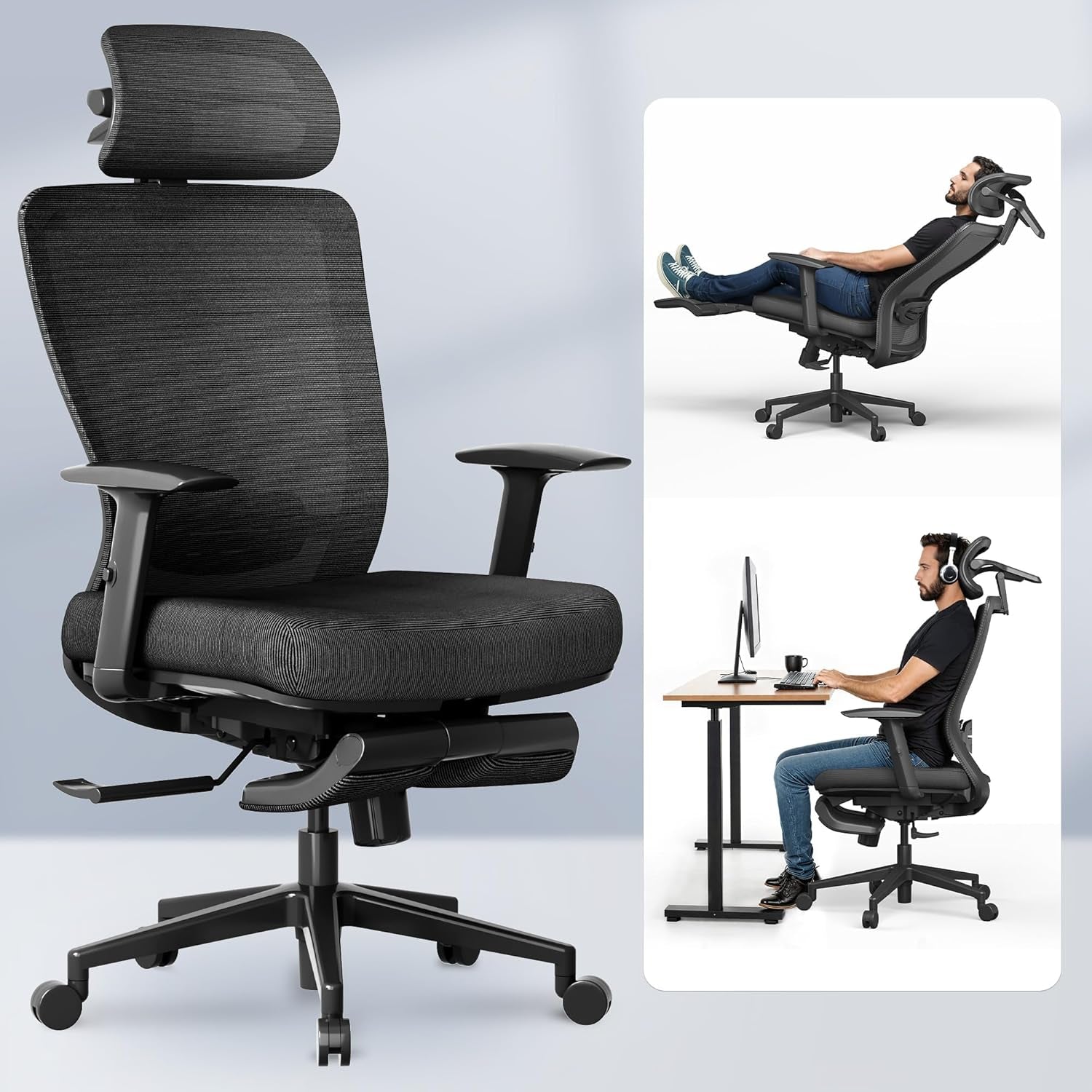 Ergonomic Office Chair with Footrest, Mesh Back Computer Chair, Home Office Desk Chairs, with Adjustable Lumbar Support/4D Headrest/Reliable Base, Elastic Foam Seat, Black, OC3 Cloud-F