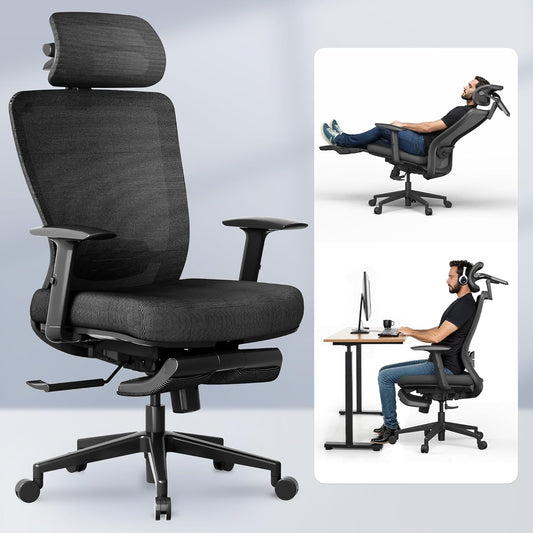 Ergonomic Office Chair with Footrest, Mesh Back Computer Chair, Home Office Desk Chairs, with Adjustable Lumbar Support/4D Headrest/Reliable Base, Elastic Foam Seat, Black, OC3 Cloud-F