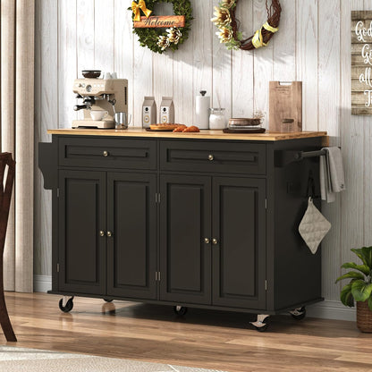 59" W Rolling Kitchen Island with Drop Leaf, Movable Kitchen Carts on Wheels Island with Storage Cabinet&Charging Station, Island Table for Kitchen W/Rubber Wood Top, Rack, Hook, Drawers, Black