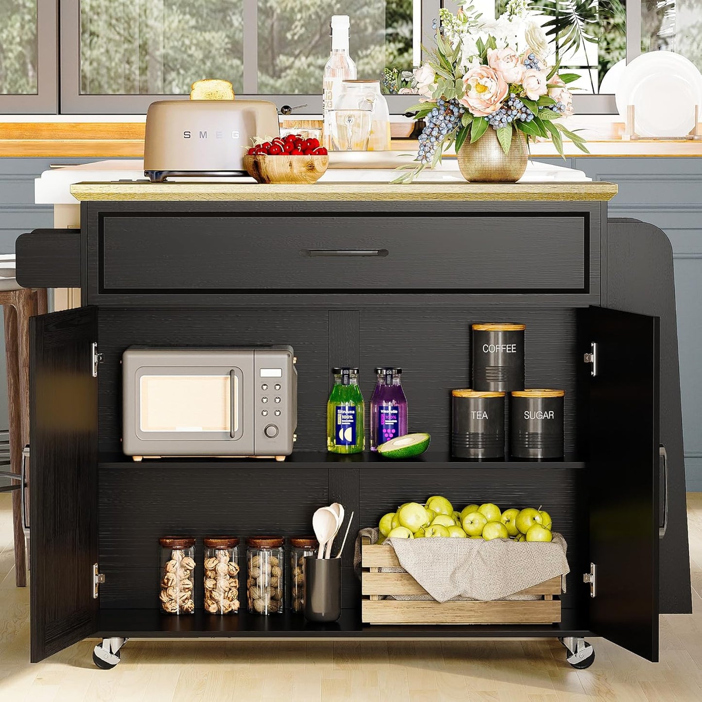 Kitchen Island Cart with Storage, Rolling Kitchen Table with Power Outlet, Storage Cabinets on Wheels with Drop Leaf, Portable for Dining Room, Black