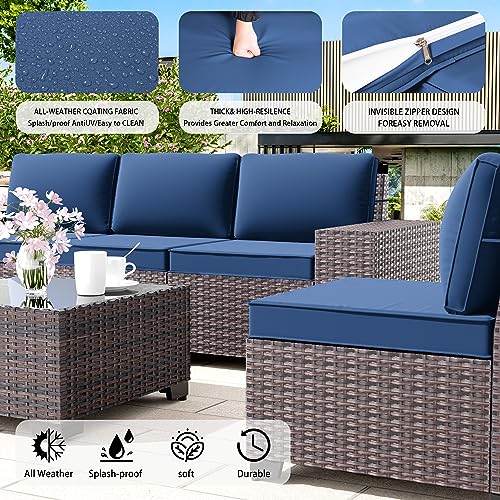 6 PCS Outdoor Patio Furniture Set,Outdoor Sectional Furniture All Weather PE Rattan Wicker Patio Conversation Set with Coffee Table and 5 Thickened Cushions,Navy Blue