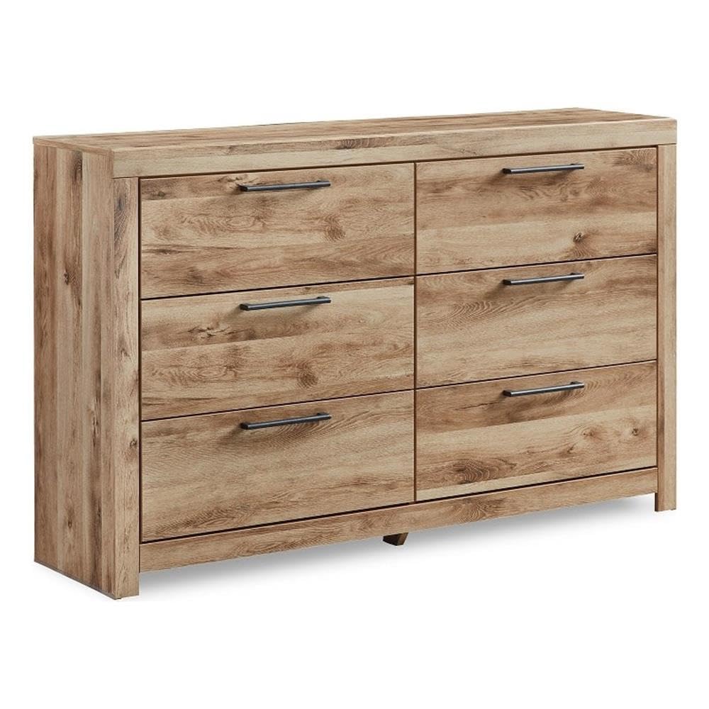 6-Drawer Farmhouse Dresser, Light Brown Rustic Finish, Gunmetal Handles, Engineered Wood Construction, Horizontal Design, 36.42" H x 58.7" W x 15.31" D, Bedroom Storage Furniture