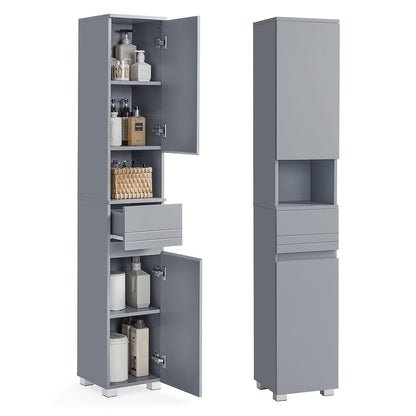 VASAGLE Tall Storage Cabinet, Slim Freestanding Storage Cabinet with a Drawer, Adjustable Shelves, Open Compartment, for Small Spaces, Bathroom, Mystic Gray UBBC560P36