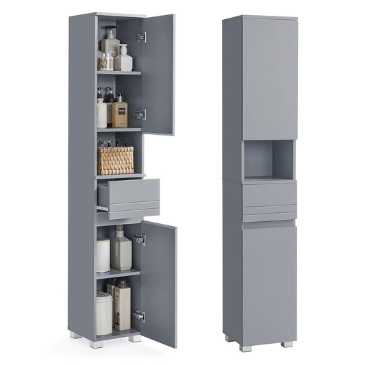VASAGLE Tall Storage Cabinet, Slim Freestanding Storage Cabinet with a Drawer, Adjustable Shelves, Open Compartment, for Small Spaces, Bathroom, Mystic Gray UBBC560P36