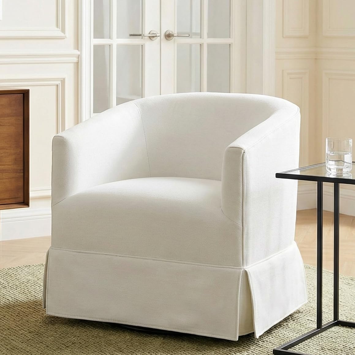 Swivel Accent Chair for Living Room, 360° Upholstered Barrel Swivel Chairs with Skirted Base, Modern Linen Armchairs for Bedroom, Reading Nook, Small Space, White