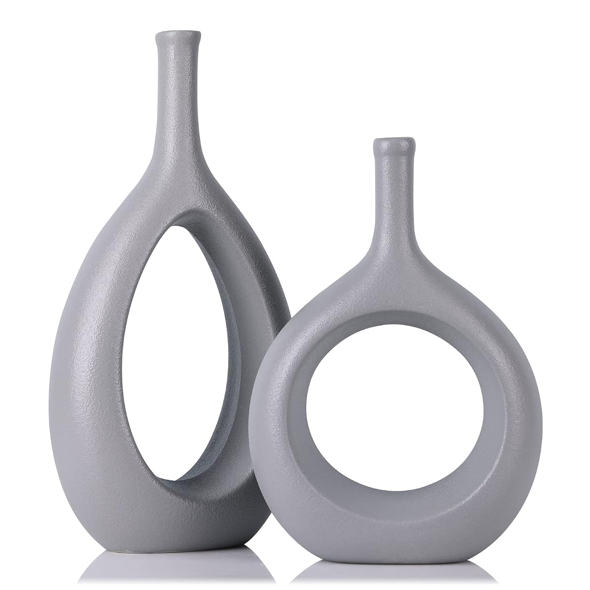 Gray Ceramic Hollow Elliptical Vase Set of 2 - Boho Circle Vase with Hole, for Modern Grey Table Decor, Living Room Decor Shelf mid Century Modern Home Entrance Decorative vase