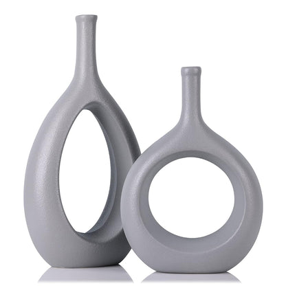 Gray Ceramic Hollow Elliptical Vase Set of 2 - Boho Circle Vase with Hole, for Modern Grey Table Decor, Living Room Decor Shelf mid Century Modern Home Entrance Decorative vase