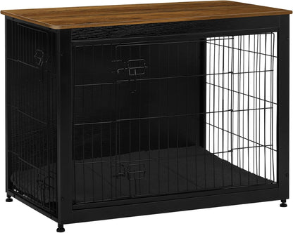 Dog Crate Furniture with Cushion, Wooden Kennel Table with Double Doors, Indoor Dog House, Large Size, 38.5" L, Black+Warm Brown