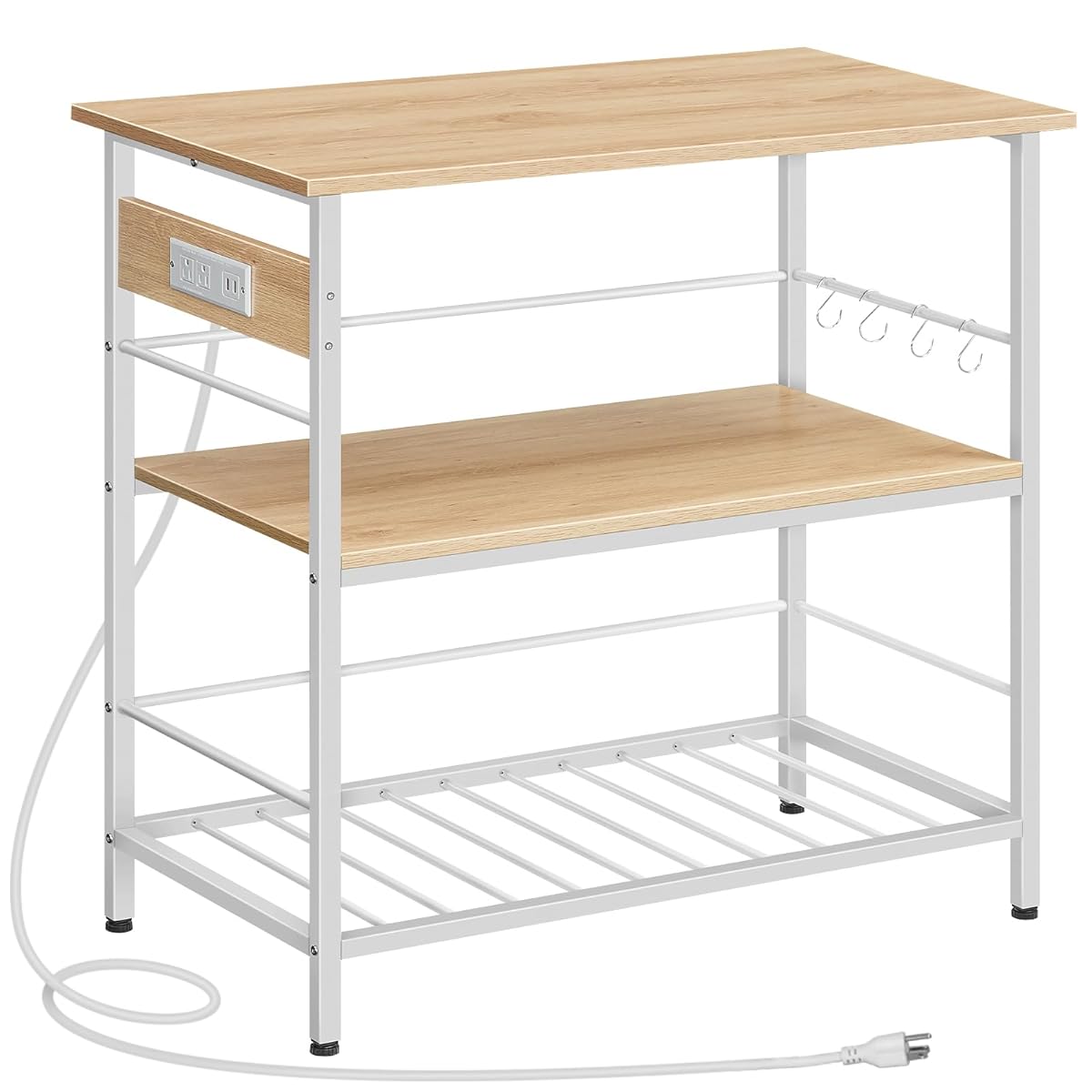Kitchen Island with Storage, Kitchen Island Table with Power Outlet, 3 Tier Coffee Station and Microwave Stand, for Home, Kitchen and Dining Room, Natural and White WN021ZD01