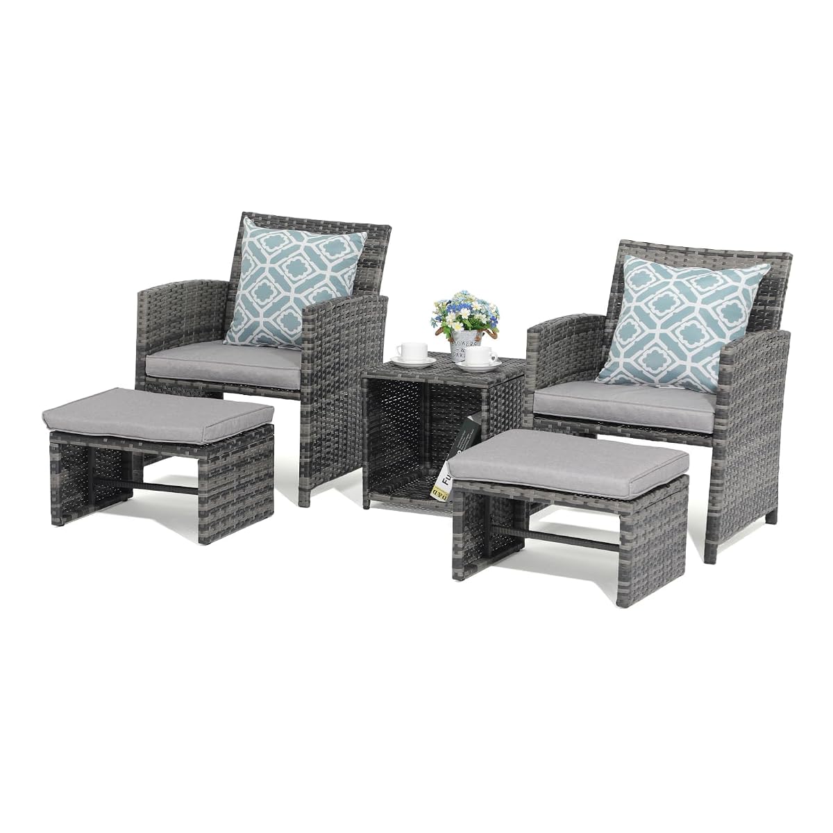 5 Piece Patio Furniture Set, Wicker Outdoor Conversation Chair and Ottoman Set with Coffee Table, Pillows Included, for Balcony, Porch, Deck, Light Grey