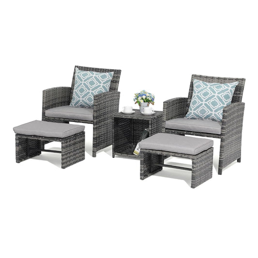 5 Piece Patio Furniture Set, Wicker Outdoor Conversation Chair and Ottoman Set with Coffee Table, Pillows Included, for Balcony, Porch, Deck, Light Grey