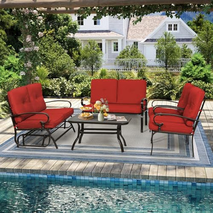 5-Piece Outdoor Metal Furniture Sets Patio Conversation Set Wrought Iron Glider, 2 Single Chairs, Loveseat and Coffee Table, Red
