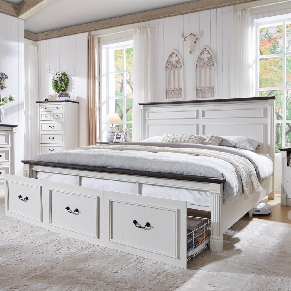 Antique White Farmhouse Bed Frame with Tall Headboard