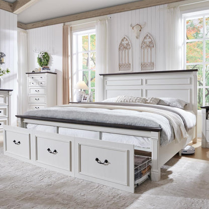 Antique White Farmhouse Bed Frame with Tall Headboard