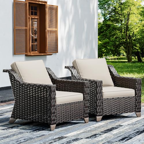 Wicker Patio Chairs Set of 2, Outdoor Rattan Furniture with Wide Armrest and Thick Cushions, Upgraded Large Size for Backyard, Garden, Poolside